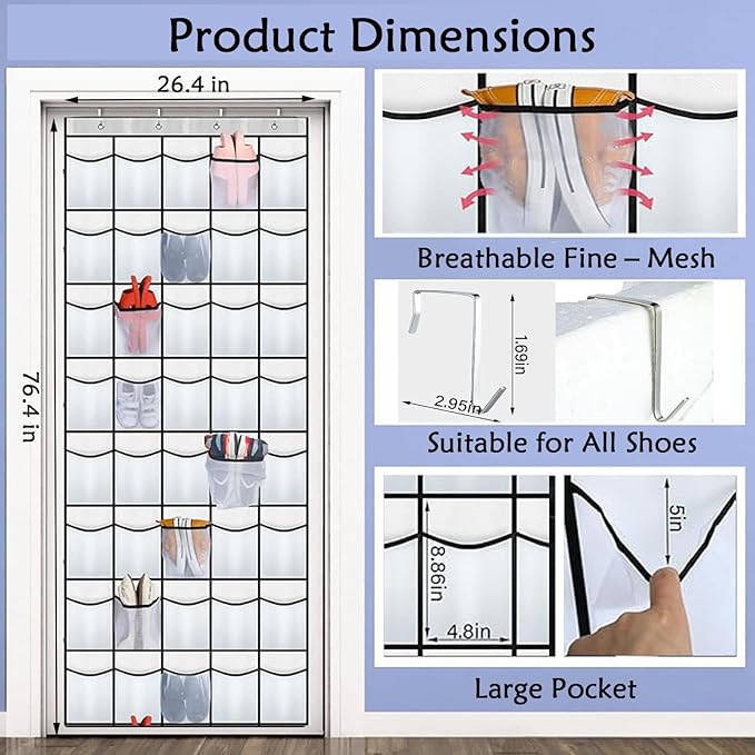40 Over the Door Shoe Organizer, Hanging Shoe Organizer, for Closet Behind the Door Storage Holder for Entryway Bedroom Dorm, Both men's and women's shoes can be stored (White)