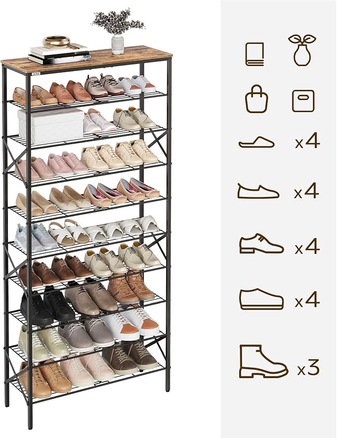 YATINEY 10 Tier Shoe Rack, Large Capacity Shoe Storage Organizer Holds 40 Pairs, Sturdy and Stable, for Entryway, Hallway, Closet, Dorm Room, Rustic Brown SS10BR