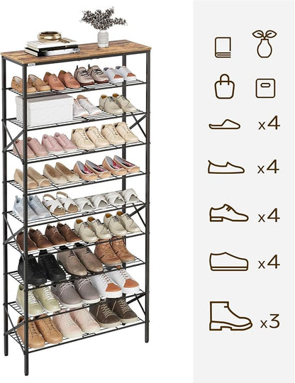 YATINEY 10 Tier Shoe Rack, Large Capacity Shoe Storage Organizer Holds 40 Pairs, Sturdy and Stable, for Entryway, Hallway, Closet, Dorm Room, Rustic Brown SS10BR