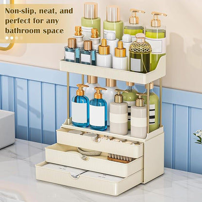 caktraie Bathroom Organizers and Storage - 3 Drawers 2 Tier Makeup Organizer, Cosmetic Storage Drawer for Dresser Countertop and Bathroom Vanity for Large Skincare, Perfume, Cream White