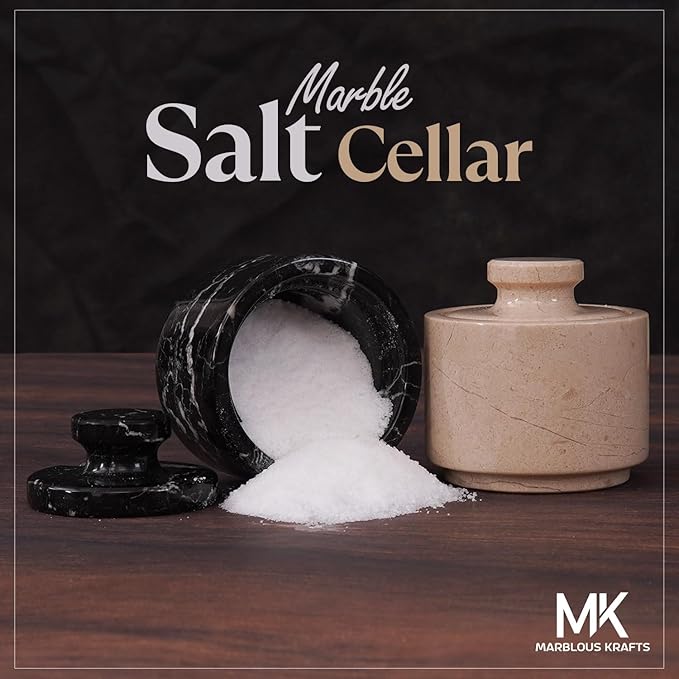 MARBLOUS KRAFTS Marble Salt Cellar 3" Black Zebra and Verona Flaky Salt Bowl & Pepper with Lid, Home Storage and Modern Sugar Containers