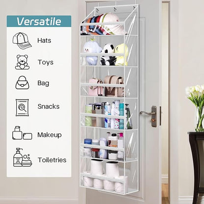 AOODA Clear Over the Door Hat Racks for Baseball Caps, Large Holds up to 72 Caps Hat Storage Organizer for Closet Wall, Deep Pockets Hanging Snapback Holder Shelves with 3 Hooks, White