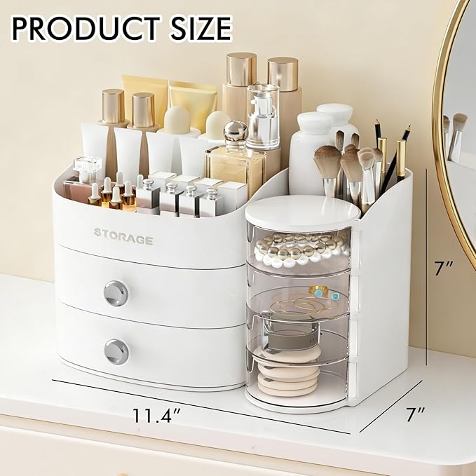Makeup Organizer Countertop with Drawers, Make up Organizers for Vanity, Skincare Jewelry Earring Organizers, Cosmetic Display Cases Makeup Storage for Bedroom & Bathroom, Ideal Gifts for Women(White)