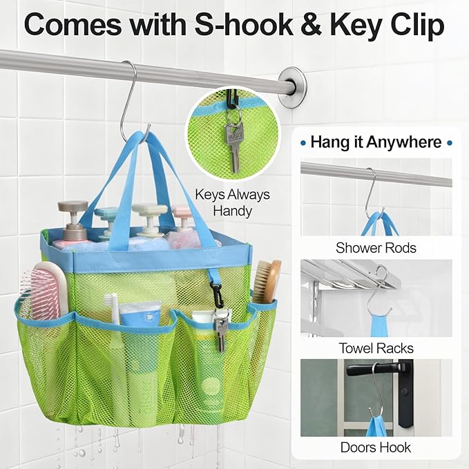 F-color Mesh Shower Caddy Portable, Upgrade Deeper 7 Pockets Shower Bag Basket Bag Tote for College Dorm Room Toiletry Bathroom Essentials Gym Camp Quick Dry 2 handles with S Hook
