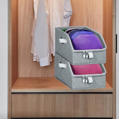 2 Pack Stackable Hat Organizer for Baseball Caps, Fabric Hat Storage Boxes with Clear Flip-Top Windows, Handle & Sturdy Cardboard Base, Pull-out Closet Organizer for Women & Men, Hold Up to 24 Caps