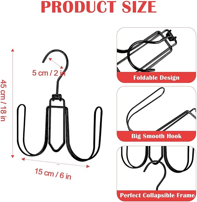 2 Pack Hat Hanger for Closet, Collapsible Metal Hat Organizer for Baseball Caps, Racks with 4 Big Hooks, 360° Rotation Space Saving Hangers, Better Organizer&Display for Tie, Scarves, Black
