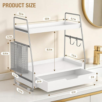 2 Tier Bathroom Counter Organizer Wood - Tiered Bathroom Countertop Shelf with Drawer, Removable Basket & 2 Hooks, Makeup Vanity Organizer for Skincare Perfume Toiletries, 13'' Silver