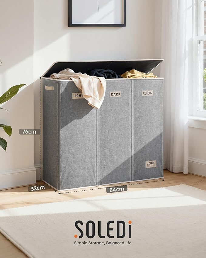 SOLEDI 200L 3-Section Laundry Hamper with Lid, Extra Large Dirty Clothes Basket with Sturdy Handles for Laundry Room & Bedroom - Durable Organizer for Sorting Laundry