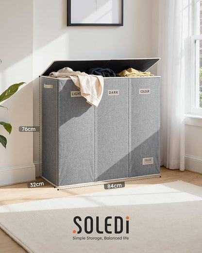 SOLEDI 200L 3-Section Laundry Hamper with Lid, Extra Large Dirty Clothes Basket with Sturdy Handles for Laundry Room & Bedroom - Durable Organizer for Sorting Laundry