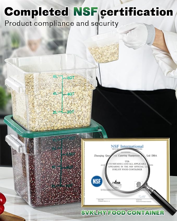 2QT NSF Food Storage Containers: 6 PCS [Food Grade][Hot&Cold Resistant] Commercial Clear Square Food Storage Containers with Scales Handles for Home Restaurant Kitchen Proof Dough(BPA FREE-GREEN N2)