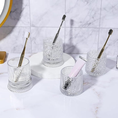 DASITON Makeup Brush Holder Organizer, Crystal Cosmetic Brushes Storage Holder Glass Makeup Organizer, 360° Rotating Make Up Brush Cup for Vanity, Dresser, Bathroom, Pen Pencil Holder for Desk (Clear)