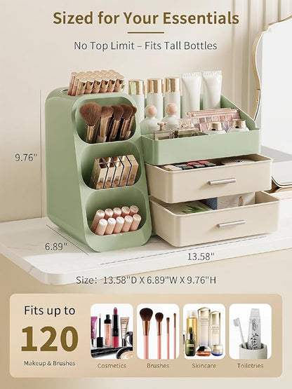 Booklov Makeup Organizer for Vanity, Large Capacity Cosmetic Display Case with Drawers, Countertop Beauty Storage Holder for Skincare, Brush Eyeliner Eyeshadow Lipsticks, Counter Desk, Cream Green