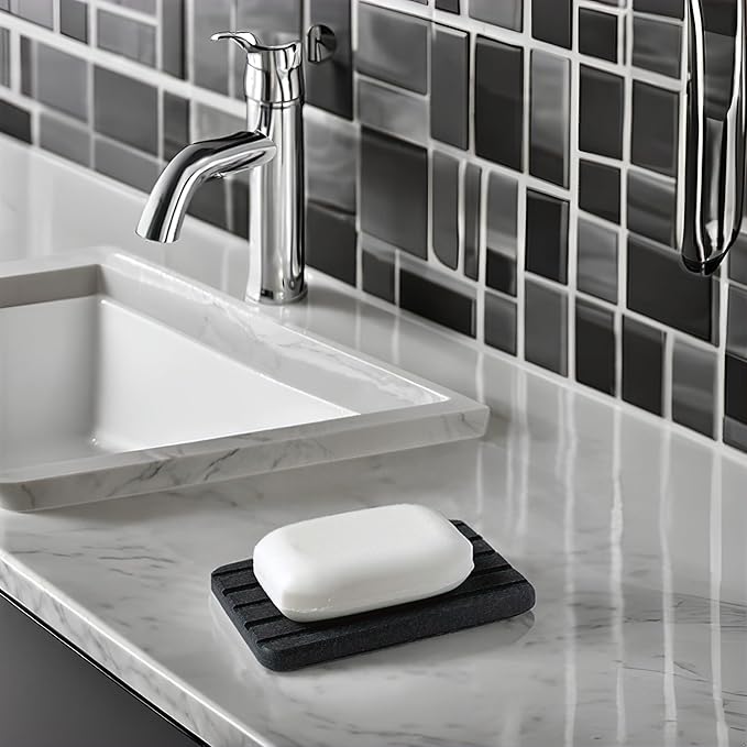 Diatomite Soap Dish 2 PCS, Drying Stone Tray, Kitchen Sponge Soap Holder Dispenser Fast Drying Dish Rack for Bathroom Shower (Silicone Feet, Gray)