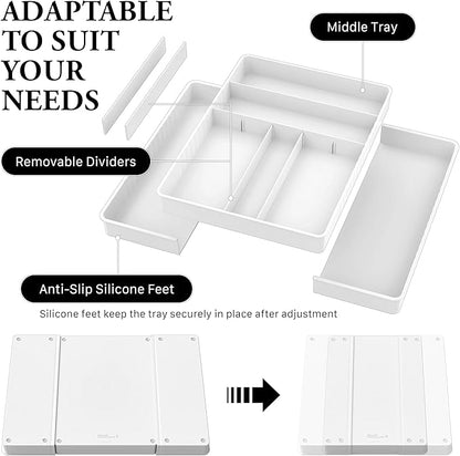 Simple Houseware Expandable & Adjustable Cutlery Drawer Organizer - Large Utensil and Flatware Tray for Kitchen Drawers, White