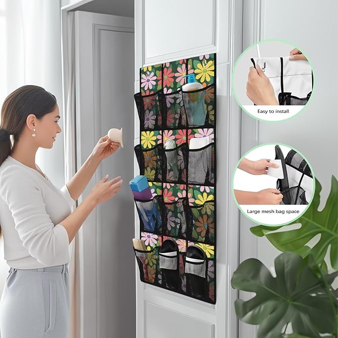 Colorful Hippie Flower Over the Door Shoe Organizer 12 Large Mesh Pockets Hanging Shoe Rack for Door Shoe Storage Organizer Shoe Holder Hanger