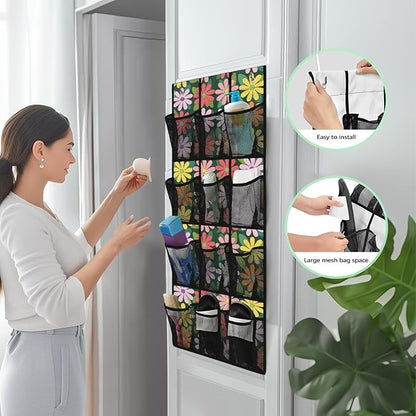 Colorful Hippie Flower Over the Door Shoe Organizer 12 Large Mesh Pockets Hanging Shoe Rack for Door Shoe Storage Organizer Shoe Holder Hanger