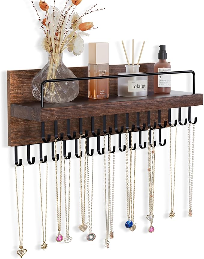 Lolalet Necklace Holder Hanging Necklace Organizer Wall Mounted Jewelry Organizer with 28 Hooks and Perfume Shelf, Wood Necklace Hanger Rack for Bracelets -Brown
