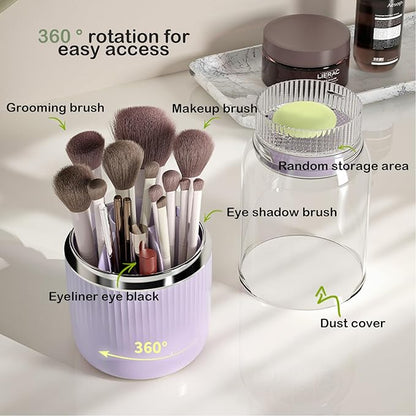 360 Rotating Makeup Brush Holder Organizer, Purple Plastic Cosmetic Organizer with Cleaning & Drying Function, Makeup Brush Holder for Vanity, Desktop, Bathroom