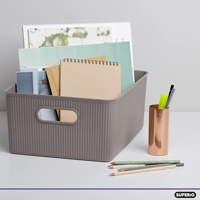 Decorative Plastic Basket Open Home Storage Bins Organizer, Large Taupe (2 Pack) Container Boxes for Organizing Closet Storage Bins for Shelves Drawer Shelf - Ribbed Collection 15 Liter/16 Quart