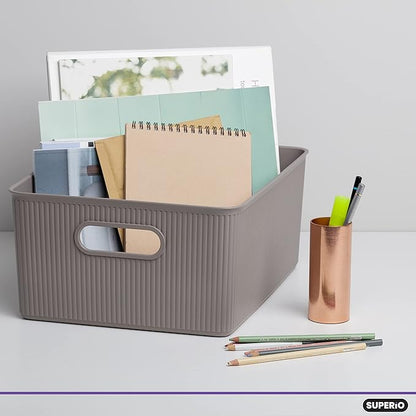 Decorative Plastic Basket Open Home Storage Bins Organizer, Large Taupe (2 Pack) Container Boxes for Organizing Closet Storage Bins for Shelves Drawer Shelf - Ribbed Collection 15 Liter/16 Quart