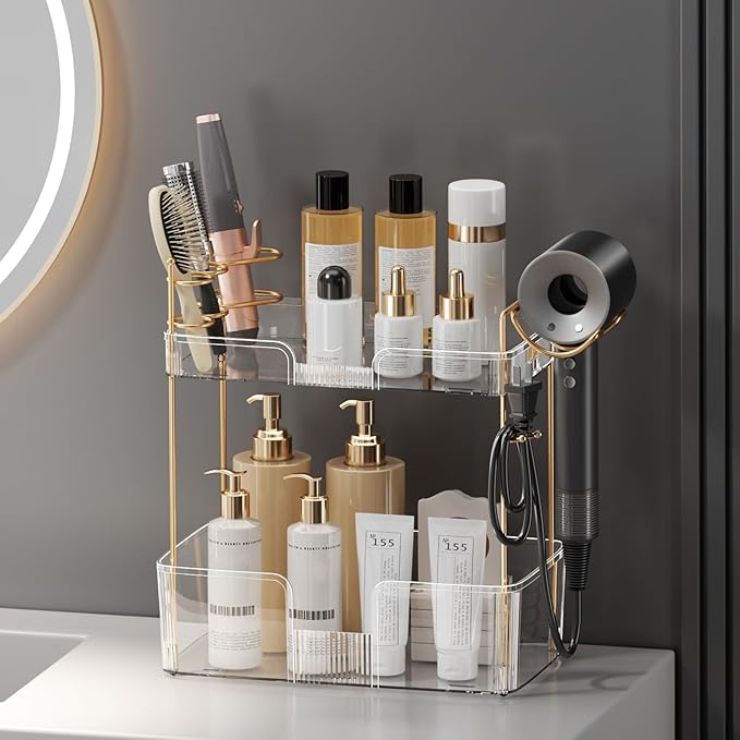 shuang qing 2 Tier Bathroom Counter Organizer with Hair Dryer Holder, Hair Tool Countertop Storage, Cosmetics Skincare Shelf Organizer, Makeup Organizer Perfume for Dresser Vanity Tray - White