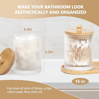 eggs sound 3 Pack Qtip Holder - Bathroom Organizers and Storage, Cotton Round Holder Floss Pick Cotton Ball Holder Swab Dispenser Set with Tray, Glass Apothecary Jars with Lids, -sw clear y
