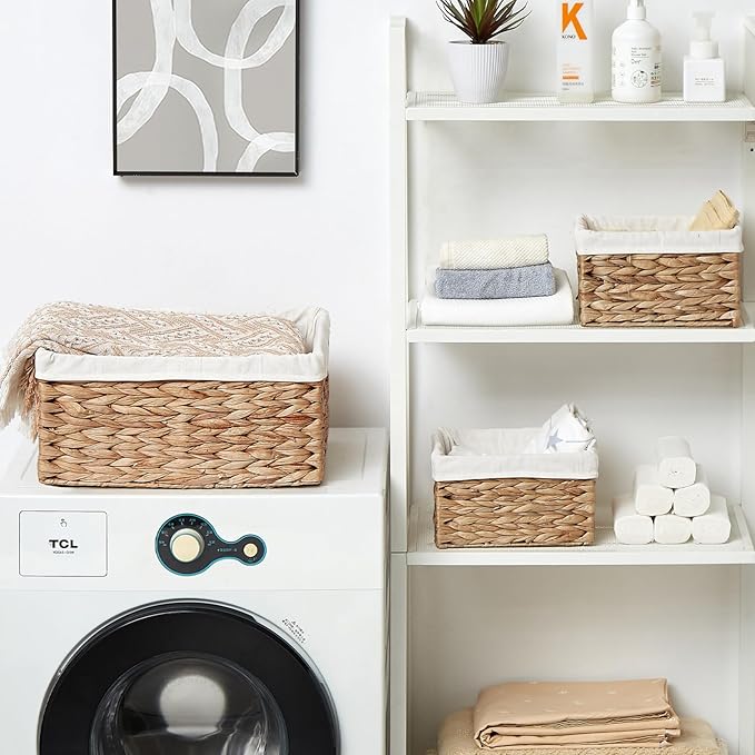 Vagusicc Wicker Basket, 3-Pack Water Hyacinth Wicker Storage Basket with Handles, Storage Baskets for Organizing, Large Hyacinth Storage Baskets for Shelves with Liner (Water Hyacinth Baskets Set)