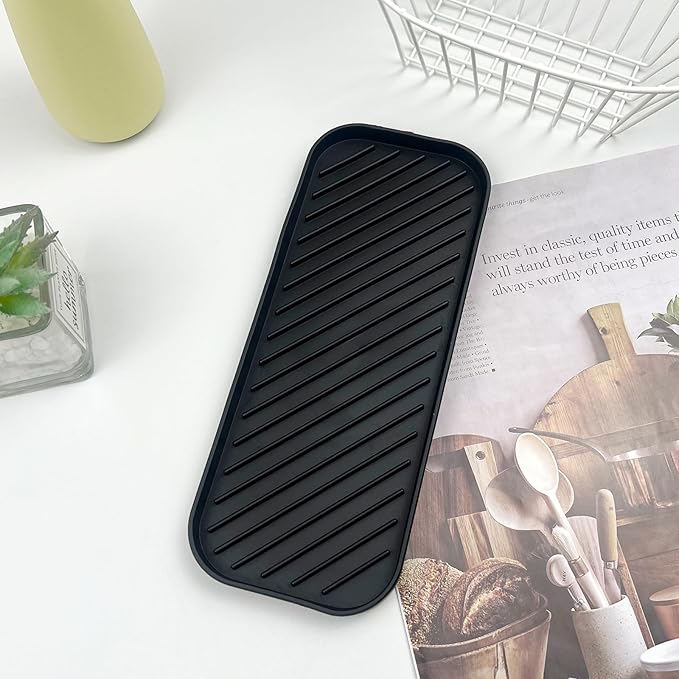 Silicone Sink Organizer Tray, Multi-Use Soap & Sponge Holder for Kitchen and Bathroom Countertops, Non-Slip Soap Dish(Black)