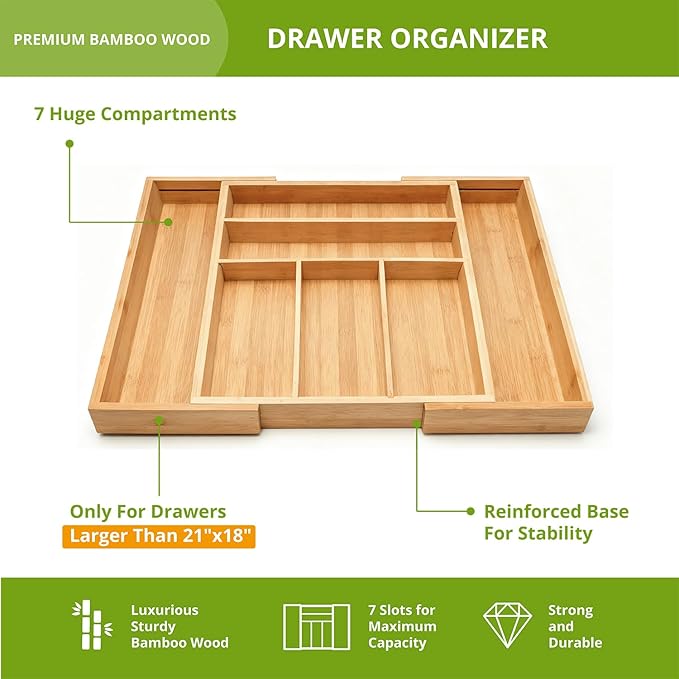 Premium bamboo kitchen drawer organizer, perfect for storing cutlery, silverware, and gadgets. Suitable for kitchens, living rooms, and bedrooms. 5-7 compartments, 13 to 19.6 inches wide.