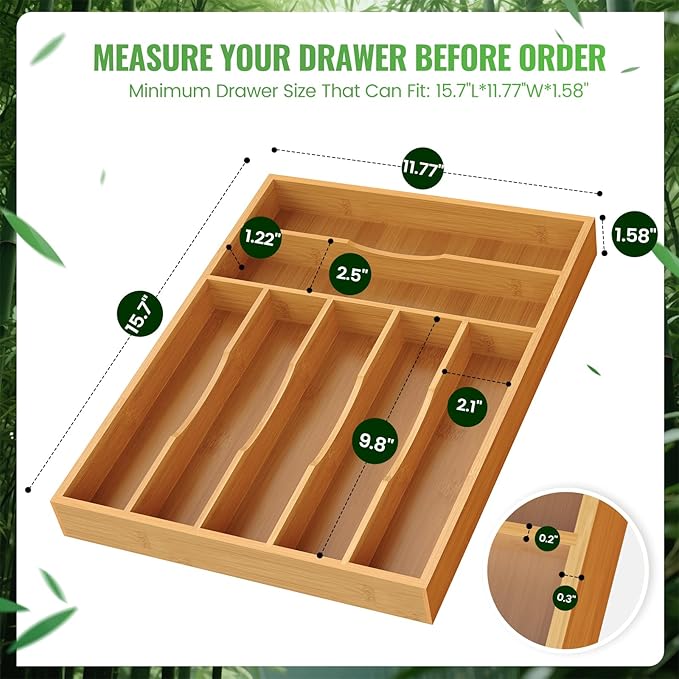 Bamboo Silverware Organizer, Bamboo Kitchen Drawer Cutlery Organizer, Utensil Holder, Flatware Organizer Tray (15.8"x11.7"x1.6")