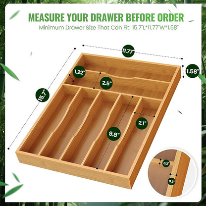 Bamboo Silverware Organizer, Bamboo Kitchen Drawer Cutlery Organizer, Utensil Holder, Flatware Organizer Tray (15.8"x11.7"x1.6")