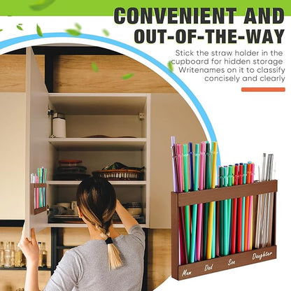 Qinyoung Wooden Straw Holder for Cabinet Door with Double Sided Adhesive Tape Tumbler Straw Organizer for Cupboard Reusable Tumbler Storage Container for Kitchen Counter(Acacia Color)