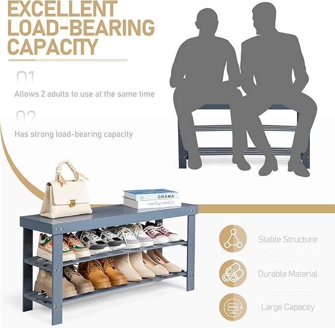 3 Tier Bamboo Shoes Rack,Narrow Vertical Shoes Rack,Freestanding Shoe Organizer Shelf,Shoe Rack Storage Organizer,with Shelves,for Closet, Entryway, Front Door Entrance, Bedroom, Hallway (Gray)