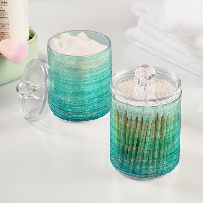 Grunge Turquoise Teal Wood Qtip Dispenser Apothecary Jars Farmhouse Green Bathroom Qtip Holder Storage Canister Plastic Jar 10 Oz for Cotton Ball Swab Round Pads Floss 4pcs