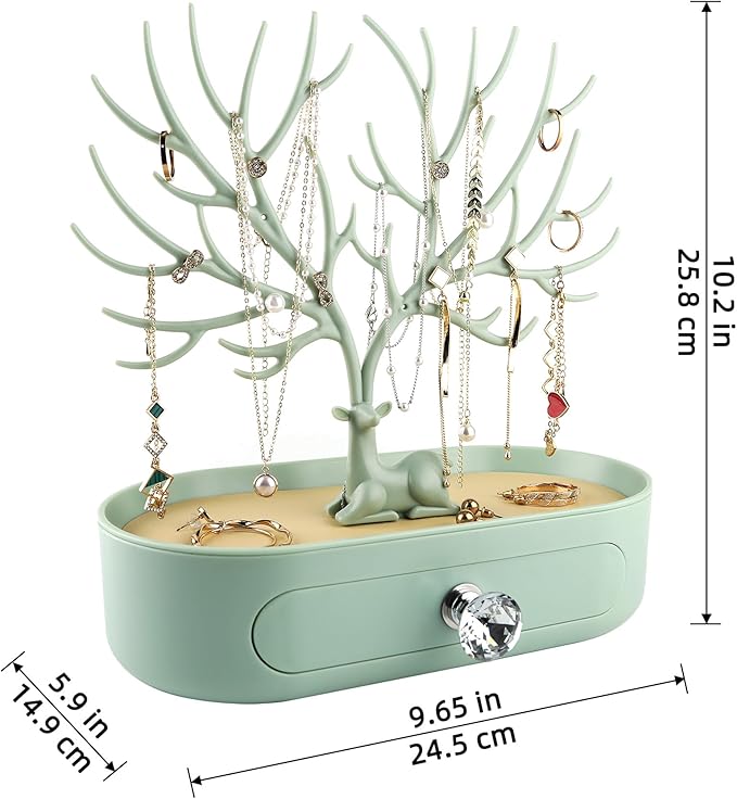 MORE&LESS Antlers Jewelry Display Stand with Drawer and Crystal Handle, Tree Tower Rack Hanging Organizer for Ring Earrings Necklace Bracelet
