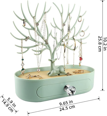MORE&LESS Antlers Jewelry Display Stand with Drawer and Crystal Handle, Tree Tower Rack Hanging Organizer for Ring Earrings Necklace Bracelet