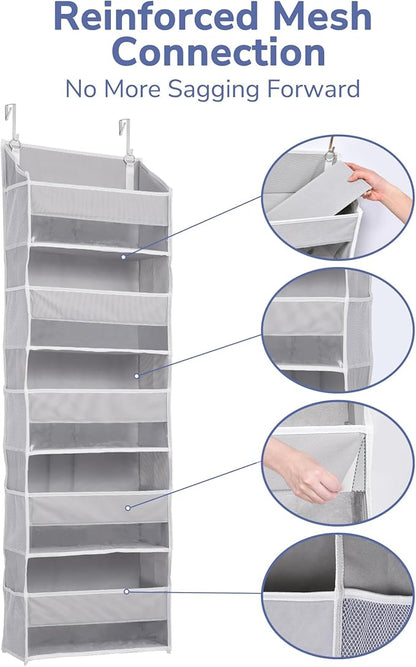 ULG 1 Pack Over Door Organizer with 5 Large Pockets 10 Mesh Side Pockets, 44 lbs Weight Capacity Hanging Storage Organizer with Clear Window for Kids Toys, Shoes, Diapers, Grey, 5 Layer
