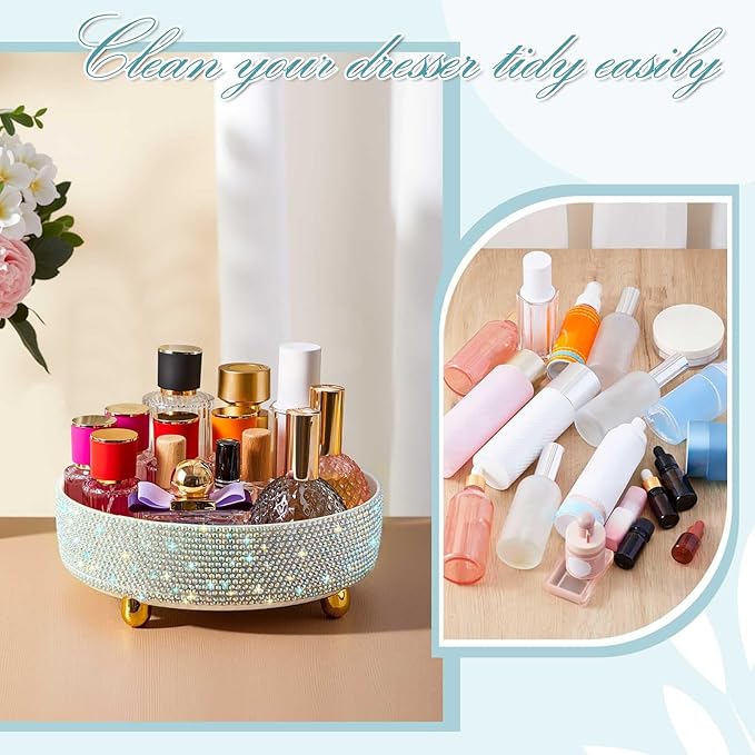 Honeydak White Bling Perfume Makeup Organizer Bling Mother's Day Nurses Day Gifts for Women Bathroom Organizers and Storage 360 Rotating Makeup Organizer for Countertop(Resin Stone)