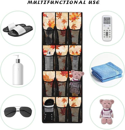 Fall for Maple Leaf Shoe Organizer Over The Door Mesh Fabric Door Hanging Shoe Organizer for Living Room,Easy to Install and Space Saving Wall Hanging Storage, 4 Metal Hook and 12 Pockets
