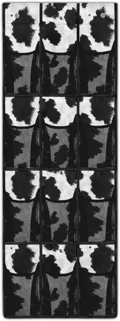 White and Black Cowhide Door Hanging Shoe Organizer 12 Pockets Behind Door Organizer for Bathroom Easy to Install Wall Hanging Storage for Office Large Capacity Multi-Funtion Storage Bag