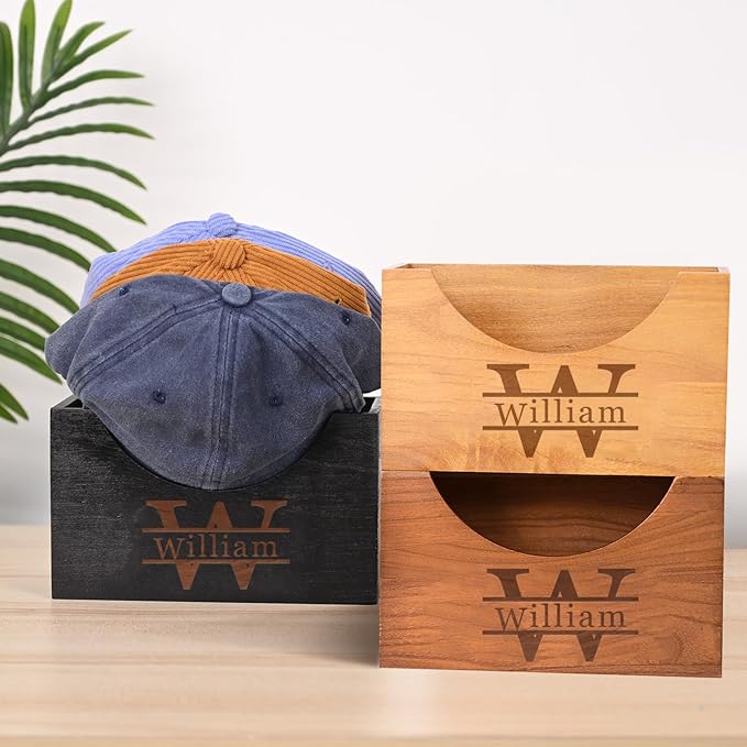 TNYKER Custom Hat Holder, Engraved Wooden Hat Rack for Dad, Personalized Name Design Hat Organizer for Wall Closet Storage, Baseball Cap Organizer Hat Box, Custom Gifts for Men Father Grandpa Husband