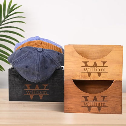 TNYKER Custom Hat Holder, Engraved Wooden Hat Rack for Dad, Personalized Name Design Hat Organizer for Wall Closet Storage, Baseball Cap Organizer Hat Box, Custom Gifts for Men Father Grandpa Husband