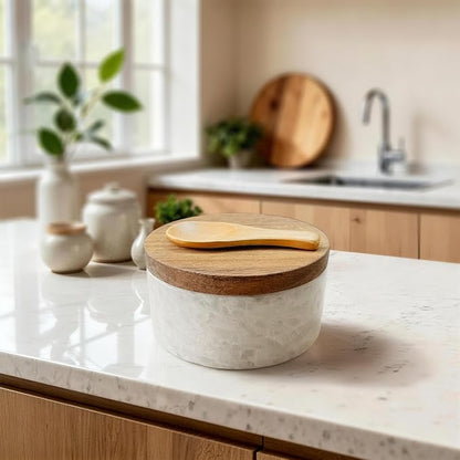 White Marble Salt cellar. Spice jars with Acacia Wood Lid and Spoon, Elegant Modern Handcrafted Container for Countertop