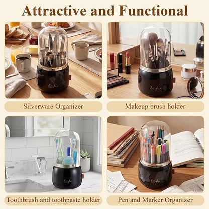 2 Pack 360° Rotating Silverware Organizer, Utensil Holder with Lid for Kitchen Counter Silverware Caddy with Drainage Dustproof Flatware Holder for Cutlery Spoon Fork(Black,7 Slot)