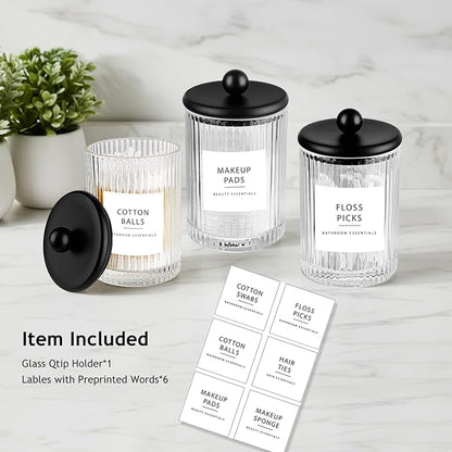 SheeChung 1-Pack Black Ribbed Glass Qtip Holder - Apothecary Jar Bathroom Organizer with Metal Lid - Small Vanity Canister for Cotton Swabs, Rounds, Floss Picks - Modern Luxury Decor
