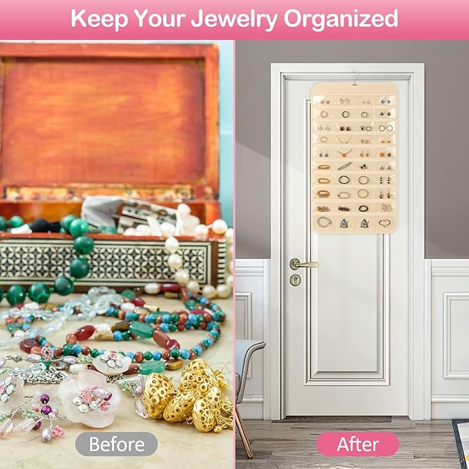 1 Pack Hanging Jewelry Organizer, 80 Clear Pockets earring organizer and storage, Accessories holder organizer for Closet, Jewelries, Necklace, Travel