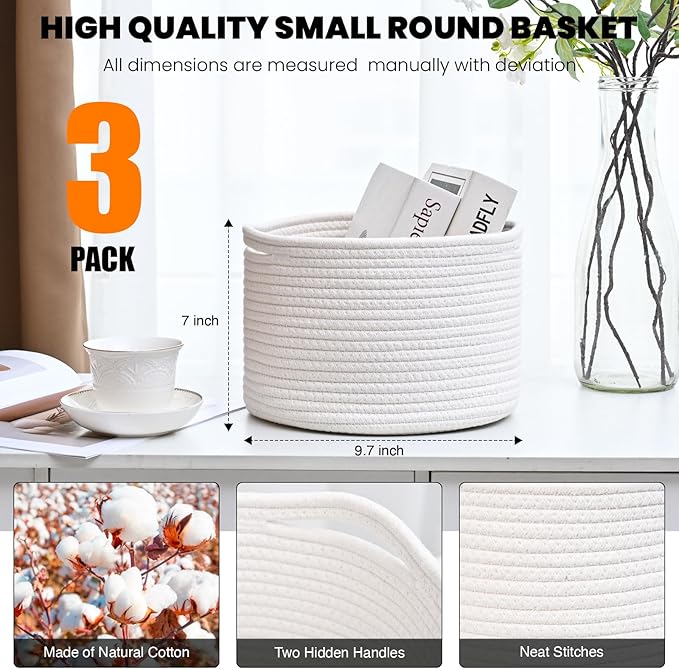 ICERZCZ Small Storage Baskets for Organizing, Woven Cotton Rope Organizer Baskets for Shelves, Round Cute Basket for Gifts Empty, 9.7"x9.7"x7" (3 Packs) Off White