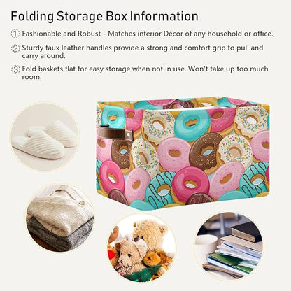 Donuts Storage Basket Bin, Large Cube Storage Box Canvas Collapsible Storage Organizer for Home Office Closet - 15 L x 11 W x 9.5 H
