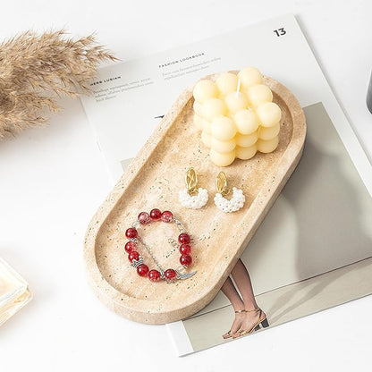 Natural Travertine Vanity Tray Waterproof Italy Marble Bathroom Organizer for Perfume, Candles & Jewelry Non-Slip Oval Storage Tray for Spa, Bedroom, Kitchen 9.8" x 4.5" Beige (WH028)