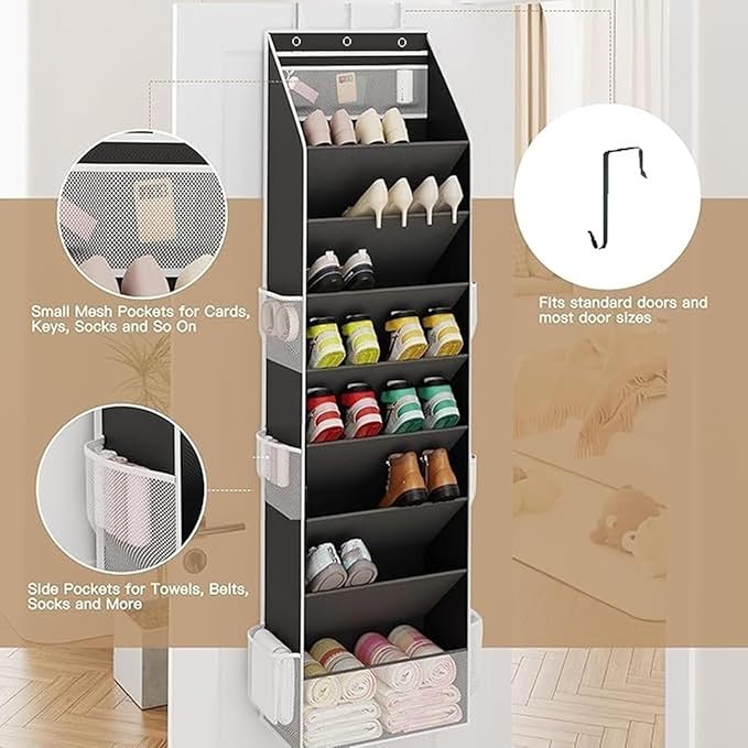 8 Tier Over the Door Shoe Storage Organizer with 8 Large Pockets, Hanging Shoe Organizer With 6 Side Pocket,Fits 16–24 Pairs of Sneakers, Sandals, Boots,Door Storage for Narrow Closet and Dorm (Grey)